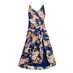 LULUS STUNNING SOIREE NAVY FLORAL PRINT RUCHED MIDI DRESS BODYCON GLAM LARGE